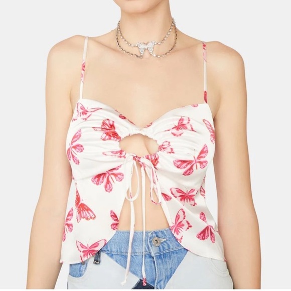 Dolls Kill Tops - Dolls Kill Down For Whatever Butterfly Crop Top Cotton Candy LA Tie Silky Sexy